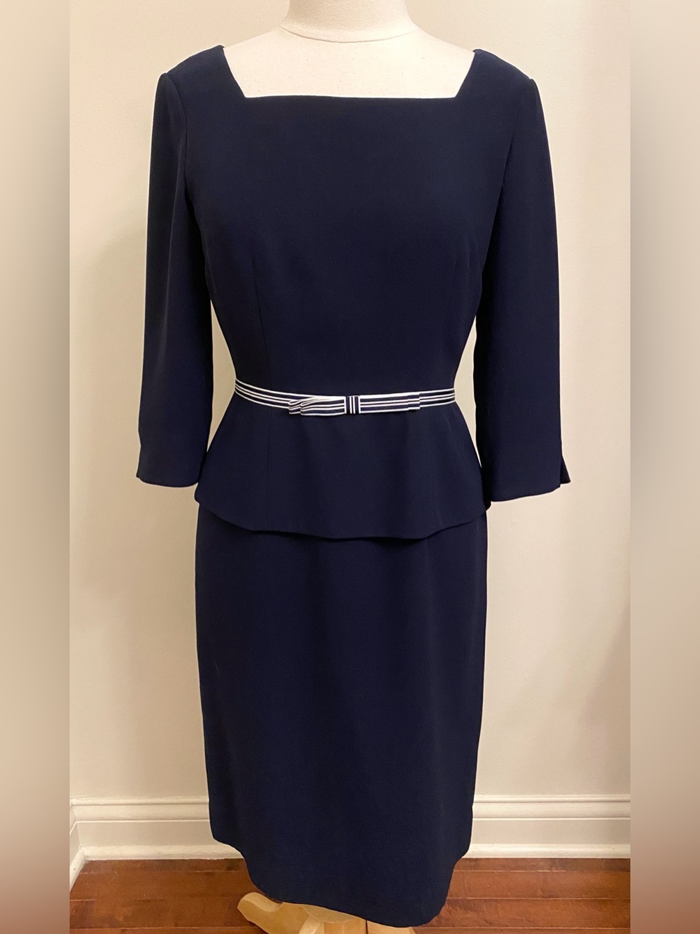 David Warren Navy Blue White Striped 6 Old Money Classic Americana Preppy Dress